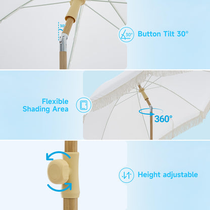 Kbrellaoutlets 7FT Boho Patio Umberlla with Fringe,UPF50+ Outdoor Umbrella with 8 Fiberglass Ribs and Push Button Tilt,Tassels Umbrella for Beach,Terrace,Picnic (Cream)