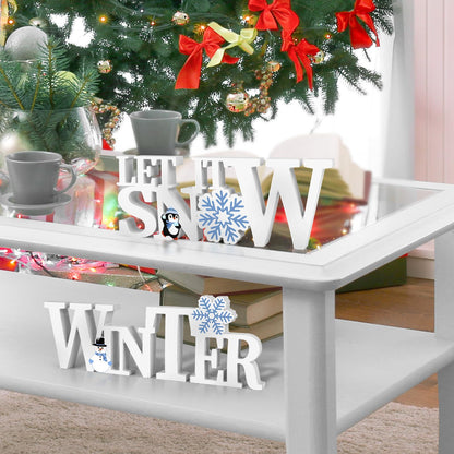 COCHIE Wooden Winter Let It Snow Sign, Snowflake Winter Decorations for Home, Office, Shelf, Mantel, Indoor, Blue White Wood Table Top Party Decor (White)
