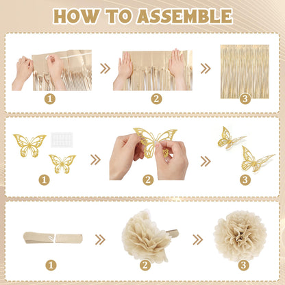 White and Gold Birthday Decorations for Women Girls, Gold White Sand Confetti Metallic Printed Balloon Butterfly Sticker Fringe Curtain Happy Birthday Banner Heart Garland Paper Pompom Party Supplies