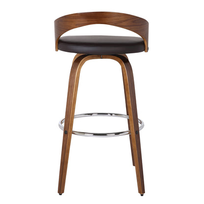 Armen Living Sonia 26" Seat Height Mid Century Modern Swivel Bar Stool for Kitchen Island Counter in Brown Faux Leather and Walnut Wood