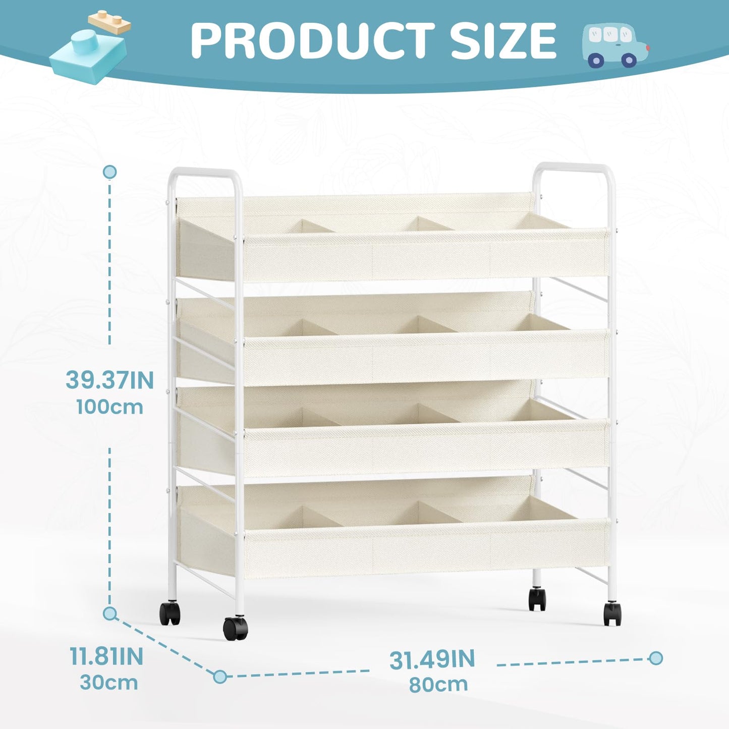 Kids Toy Storage Organizer with 4 Shelves and Wheels,White-Supersized Toy Storage Shelf for Toddlers Ideal for Kids' Rooms,and Nurseries,Toddler Furniture for Boys and Girls Ages