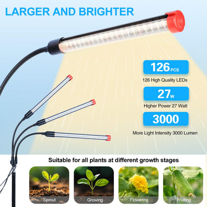 Orchbloom 3Head Grow Light with Stand, 5-Mode Timer 4/8/12/16/20H, 27 Watt Power Home Plug LED Grow Lights for Indoor Plants for Tall Houseplants, Bonsai Tree, Seed Starting, 24"-64" Adjustable Height