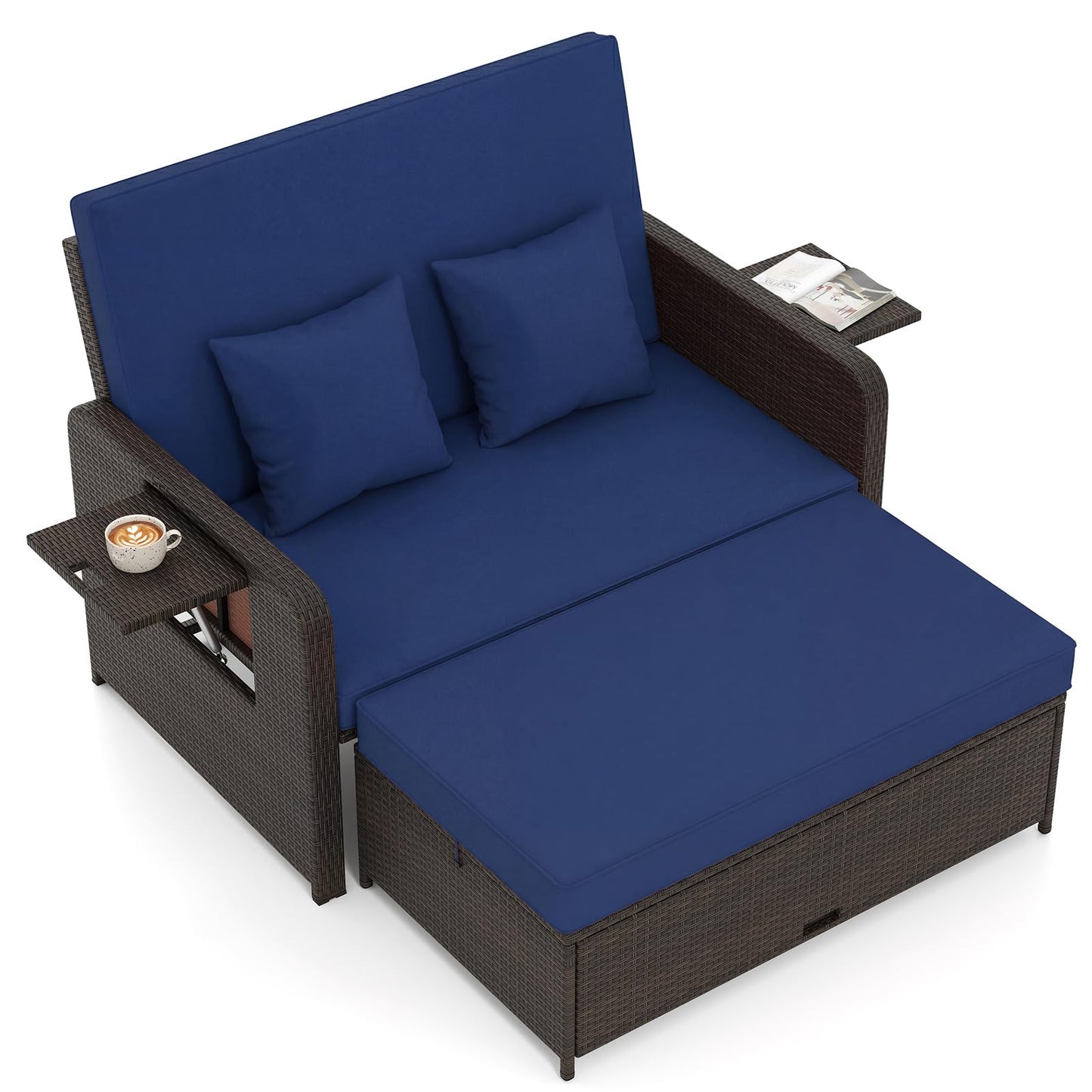 Tangkula Patio Rattan Daybed with 4-Level Adjustable Backrest, Outdoor PE Wicker Loveseat with Storage Ottoman & Folding Side Tray, Double Sunbed Lounger for Balcony, Backyard & Poolside, Navy & Brown