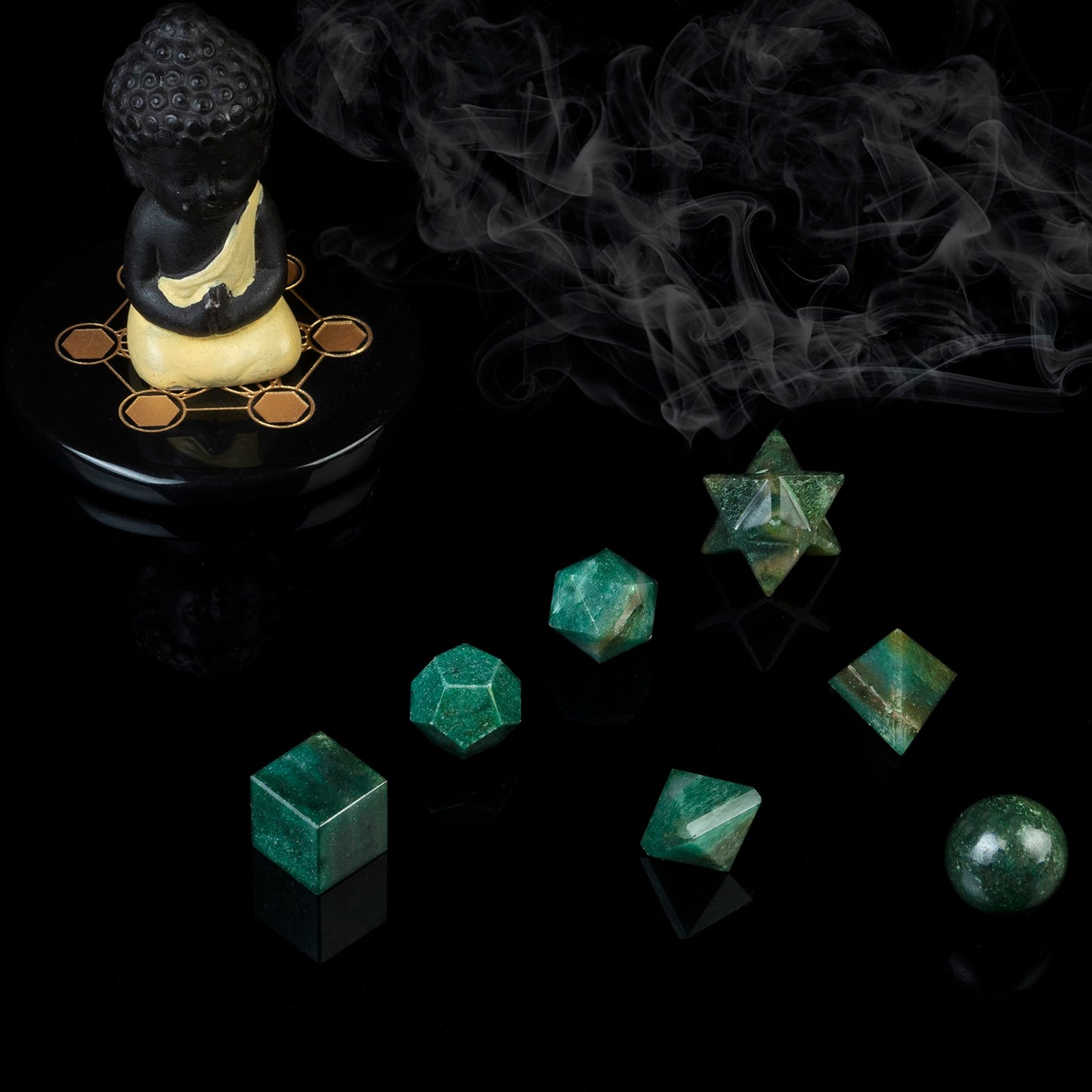 ZAICUS Green Mica Platonic Solids Crystal Set – 7 Sacred Geometry Stones for Meditation, Reiki, Chakra Healing & Energy Balancing, Spiritual Decor & Good Luck Gift (15–20 mm)