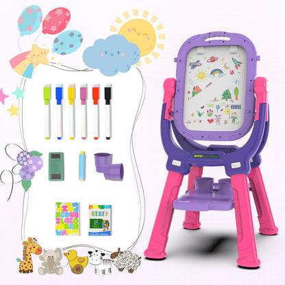 Ylovetoys Easel for Kids, Toddler Art Easel Adjustable Standing, Magnetic Double Sided Easel with Painting Accessories Gift for Boys and Girls (Purple red)