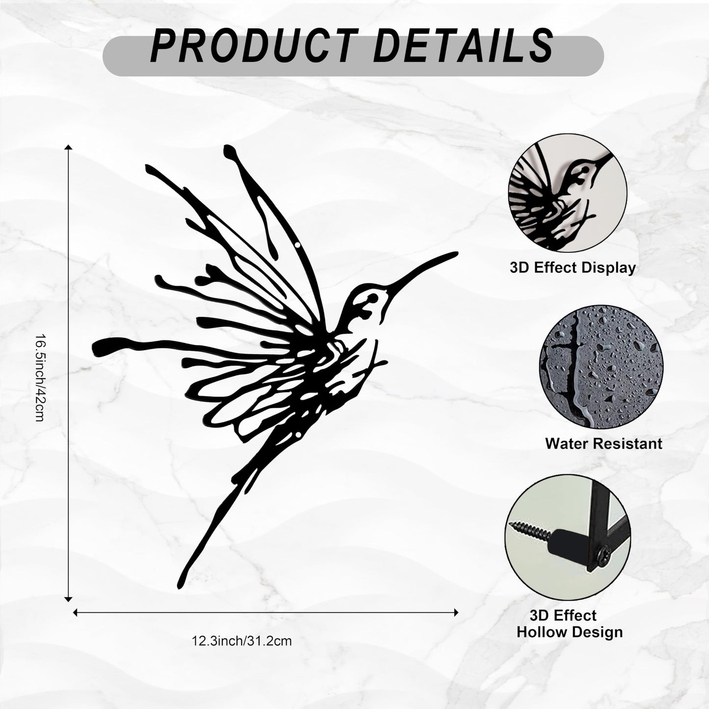 3D Metal Hummingbird Wall Art - Unique Black Outdoor Garden Decor, Waterproof Bird Sculpture for Patio, Living Room, Bedroom & Bathroom