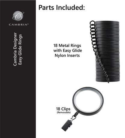 MODE Cambria Designer Series - Premium Easy Glide 18 Count Curtain Rings - Metal with Smooth, Quiet Nylon Inserts with Clips - 2 inch Diameter (1-5/8 inch Inside Diameter) - Weathered Oak