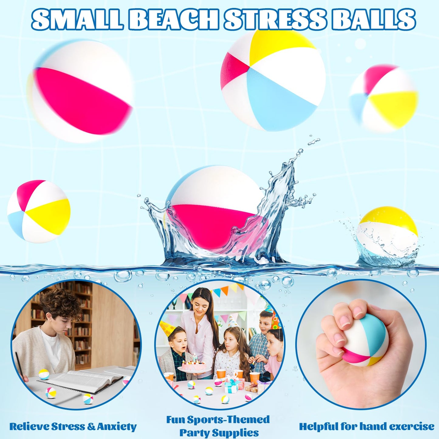 96 Pcs Beach Stress Balls Bulk 2" Mini Relief Stress Ball Pu Foam Squeezy Balls Summer Swimming Pool Game Toy Rainbow Beach Ball for Hawaiian Beach Birthday Party Favor School Carnival Reward