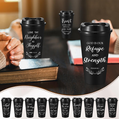 LemonRoad 40 Sets Christian Gifts Bulk 16oz Reusable Bible Verse Coffee Cups with Lids Cards and Gift Bags Inspirational Religious Gifts for Church Party (Black)