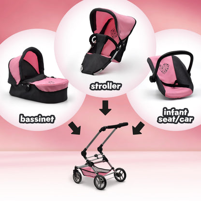 Baby Doll Convertible Stroller 3 in 1 Bassinet and Rear Facing Seat Buggy Foldable Toy Pram for Girls Toddlers Kids Swiveling Wheels Travel System Carriage Combo
