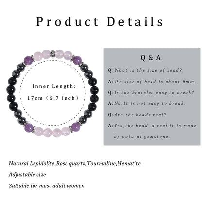 Gracayfr Anxiety Relief Bracelet Empath Protection Black Tourmaline Hematite Lepidolite Rose Quartz Healing Crystal Grief Support Items Jewelry Halloween Christmas Day Gifts For Women Lepi Ros