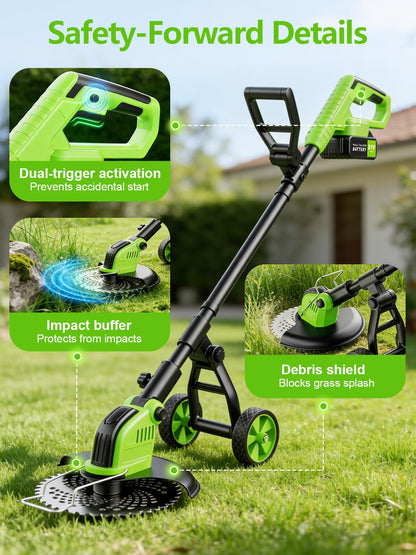 20,000RPM Cordless Electric Weed Wacker, 800W Brushless Weed Eater with Wheels, 12" 4-in-1 String Trimmer Lawn Edger Mini Lawn Mower Brush Cutter, Foldable, 21V, 2×4.0Ah Batteries Power Display