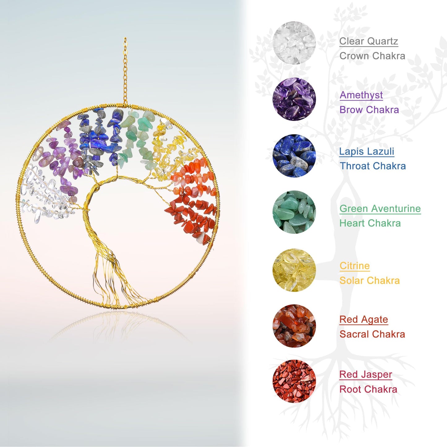 Yoption Tree of Life Agate Slice Wind Chime, Handmade 7 Chakra Healing Crystal Stone Wind Chime for Home Wall Garden Decorative Ornament, Unique Gift