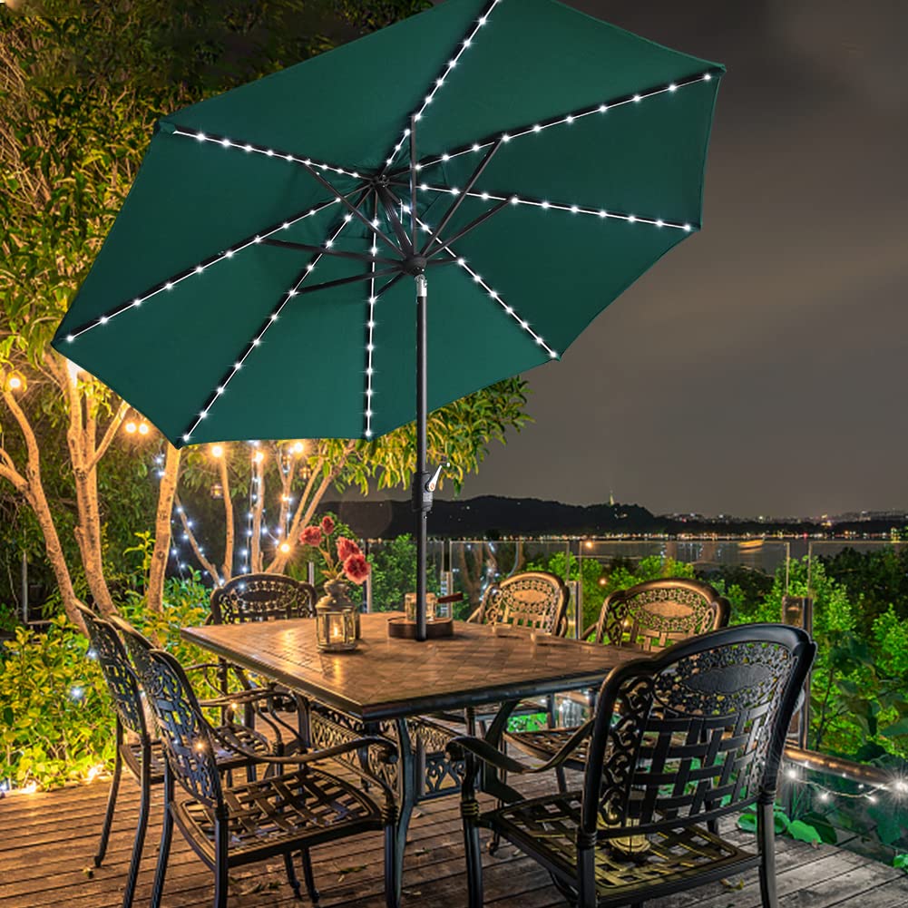 EliteShade USA 10-Year-Non-Fading 9ft Market Patio Umbrella, Commercial Grade Table Sun Umbrella with 80 Solar LED Lights, Crank Open, Windproof & UPF 50+ UV Protection for Garden, Deck, Pool, Backyard, Forest Green