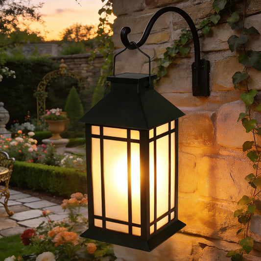 11" Solar Lantern Outdoor Hanging Lights, Waterproof LED Vintage Flickering Flame Lanterns for Garden Patio Table Decor, Solar Powered Decorative Lantern for Yard Lawn Party Camping Black