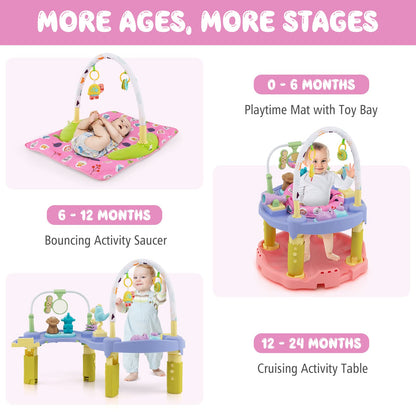BABY JOY Baby Bouncer Activity Center, 3 in 1 Activity Center & Table | Infant Play Mat, Bouncing Activity Saucer w/Music, 3 Adjustable Height, 360° Seat for Babies 0-24 Months (Pink)