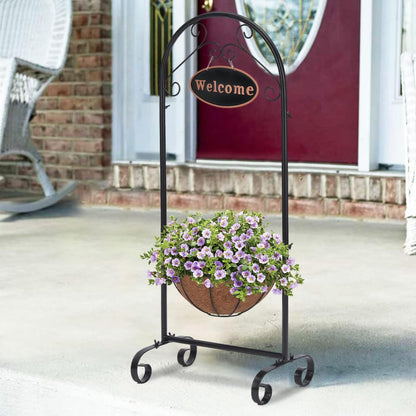 SUNNYPARK Black Metal Welcome Sign Hanging Basket Stand - 40 Inch Decorative Planter Holder for Outdoor/Indoor Plants, Flowers, Herbs - Rustic Garden Decor