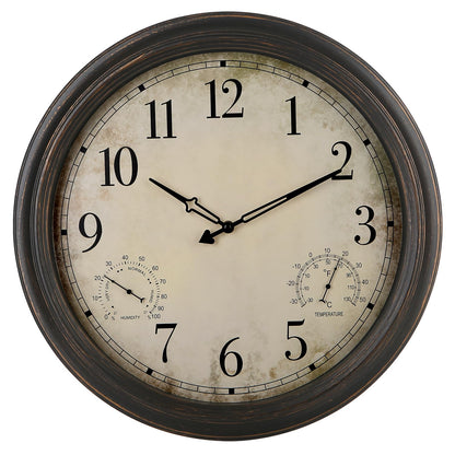 Yumt 18 Inch Wall Clock, Retro Outdoor Clock Non-Ticking Waterproof Indoor Outdoor Clock with Thermometer, Bronze