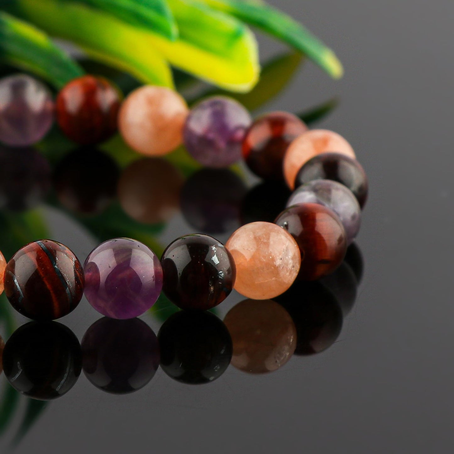 CRYSTALIS Triple Protection Bracelet | Stretchable Elastic Bracelet | Beaded Gemstone Jewelry, Birthstone, Healing, Chakra, Yoga Balancing, Reiki | [Sunstone+Amethyst+Tiger Eye]