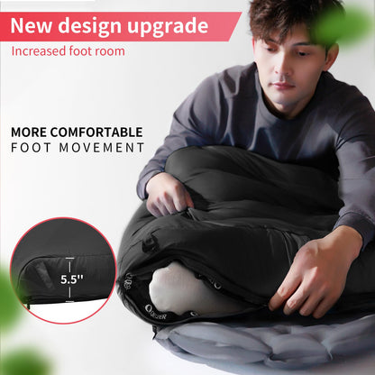 QEZER Down Sleeping Bag for Adults 600 Fill Power Down Sleeping Bag Cold Weather Ultralight Sleeping Bag with Compression Sack for Backpacking, Camping, Hiking (500g Down Filling-Black-Right Zip)