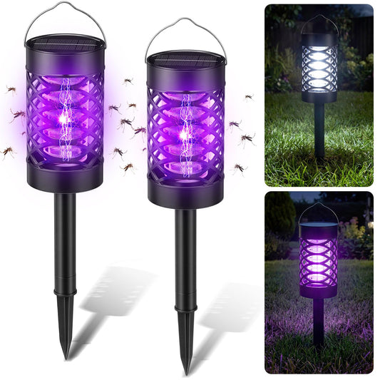 Mysora 2 Pcs Solar Bug Zapper Outdoor Mosquito Killer Lamp with LED Lights Waterproof Grid Cylinder Mosquito Killer Zapper with High Voltage Electric for Garden Patio Yard (1200mah)