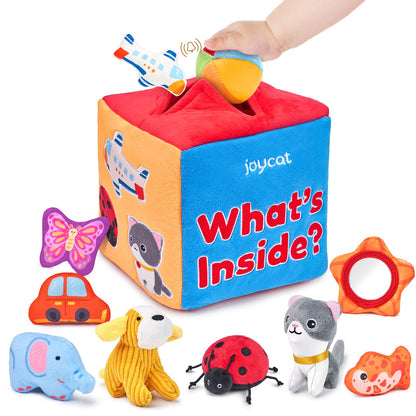 JoyCat Baby Toys 6-12 Months - Mystery Soft Box with 10 Sensory Objects, Rattle, Crinkle Paper, Mirror - What's Inside Box Infant Gifts, Soft Busy Toys 1-2 - Baby Easter Basket Stuffers Gifts