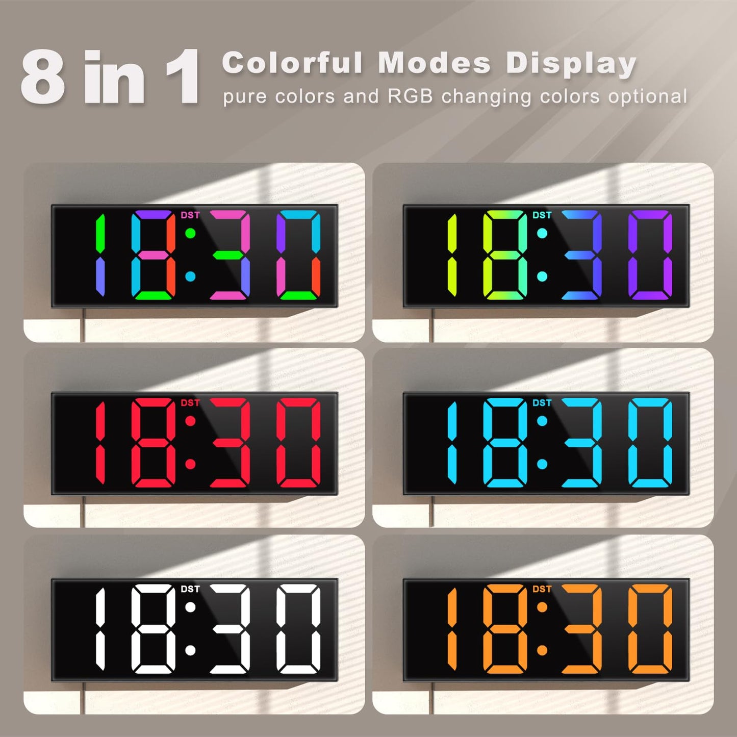 JALL 12'' Large Digital Wall Clock, Big LED Number Dispaly, RGB Colors, DST, Night Light for Classroom, Living Room, Bedroom, Mounted, Birthday Xmas Gift for Senior, Mem Womem Mom Dad