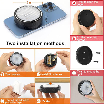LED Puck Lights with Remote Battery Operated Under Cabinet Lighting Wireless Stick on Lights Color Changing Timer Tap Lights for Cabinets Shelves Closets Display Case - 6Pack Black
