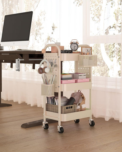 ALVOROG 3 Tier Rolling Cart with DIY Pegboards Metal Utility Cart with Wheels Handles Baskets Hooks, Craft Cart for Office Kitchen Bathroom(Khaki)