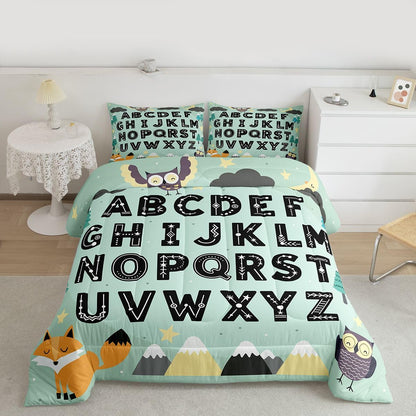 Feelyou Alphabet Kids ABC Learning Comforter Set All Season Cute Fox Bedding Set with 1 Pillow Cases Educational Nursery Art Kids Toddler Bedclothes Woodland Animals Bedroom Decor Duvet Quilt
