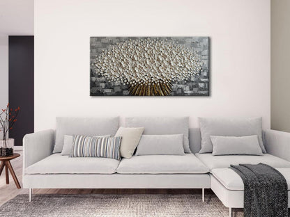 Alenoss Gray and White Abstract Floral, 3D Textured Flower Painting, Modern Living Room Wall Art, Gray Canvas Wall Decor