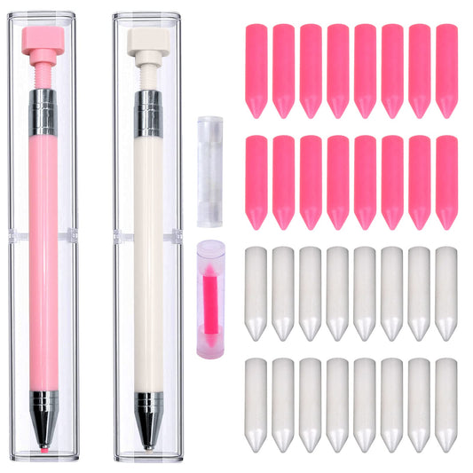 ZYNERY 34 Pcs Diamond Painting Pens Kit, 2 Pcs Refillable Wax Pen with 32 Pcs Wax, Rotating Glue Point Drill Pen for Nail Art, Diamond Art Accessories and Tools, Quickly Pick Up Beads Gem (Pink&White)