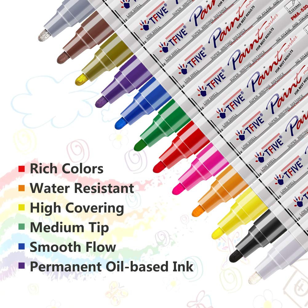 TFIVE Paint Pens Paint Markers Never Fade Quick Dry and Permanent, 12 Color Oil-Based Waterproof Marker Pen Set for Rock Painting, Ceramic, Wood, Fabric, Plastic, Canvas, Glass, Mugs