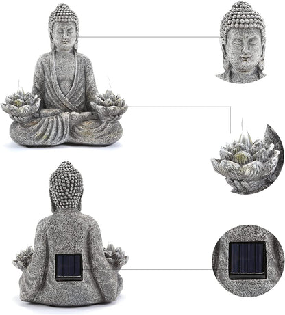 IVCOOLE Buddha Statue Zen Sculpture 11.4in Yoga Garden Decor with LED Solar Lotus Lights, Sitting Meditating Buddha Serene Resin Figurine for Patio Yard Lawn Ornaments,Inside or Outside