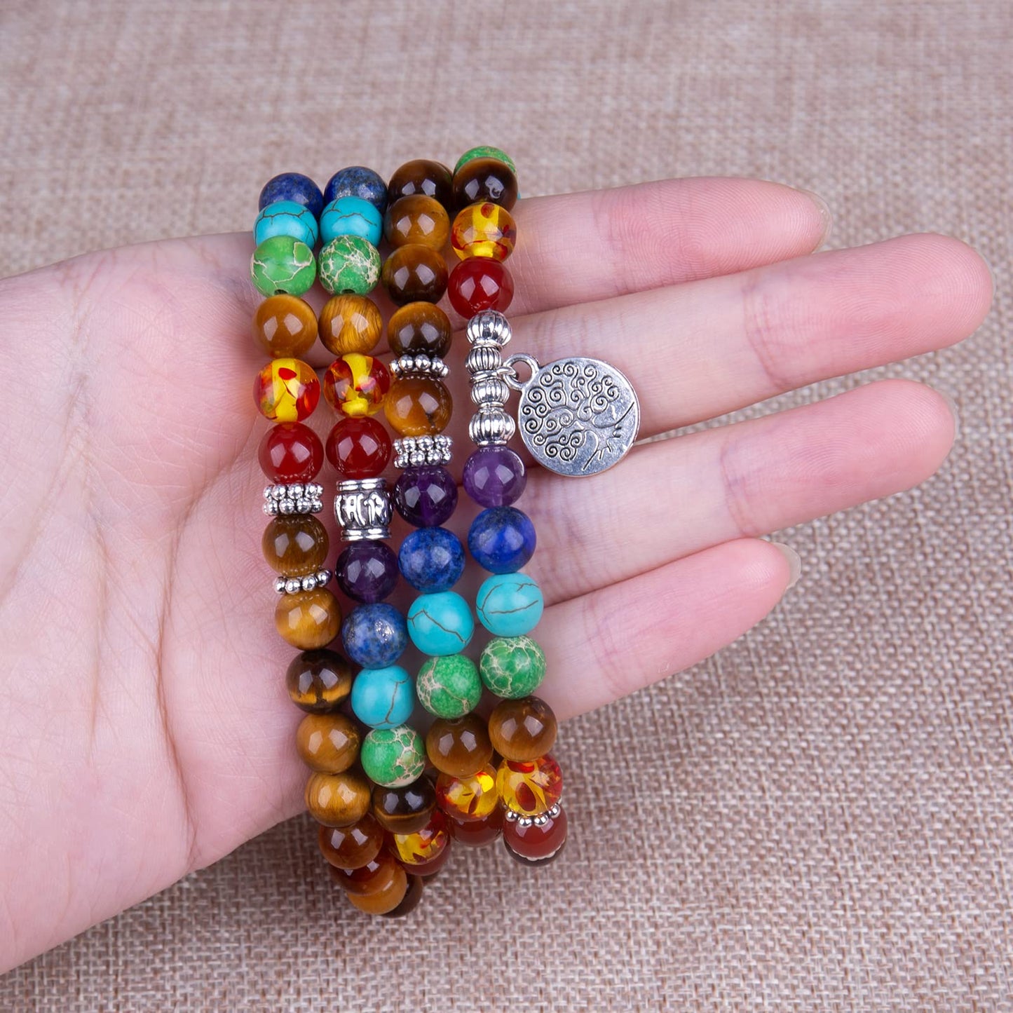 Addmluck 108 Mala Beads Necklace 7 Chakra Tree of Life Pendant Prayer Buddha Bracelets Healing Stone Yoga Men Women Jewelry(7 chakra tiger eye)