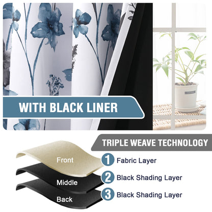 H.VERSAILTEX 100% Blackout Curtains 84 inch Length 2 Panels Set Cattleya Floral Printed Drapes Leah Floral Thermal Curtains for Bedroom with Black Liner Sound Proof Curtains, Grey and Blue