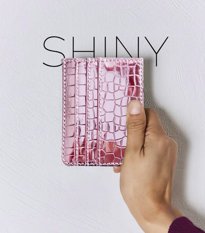 SWEDEY Super Shiny Slim Credit Card Holder Mini Front Pocket Wallet in Mirror Metallic Faux Crocodile pattern (Metalic Pink)