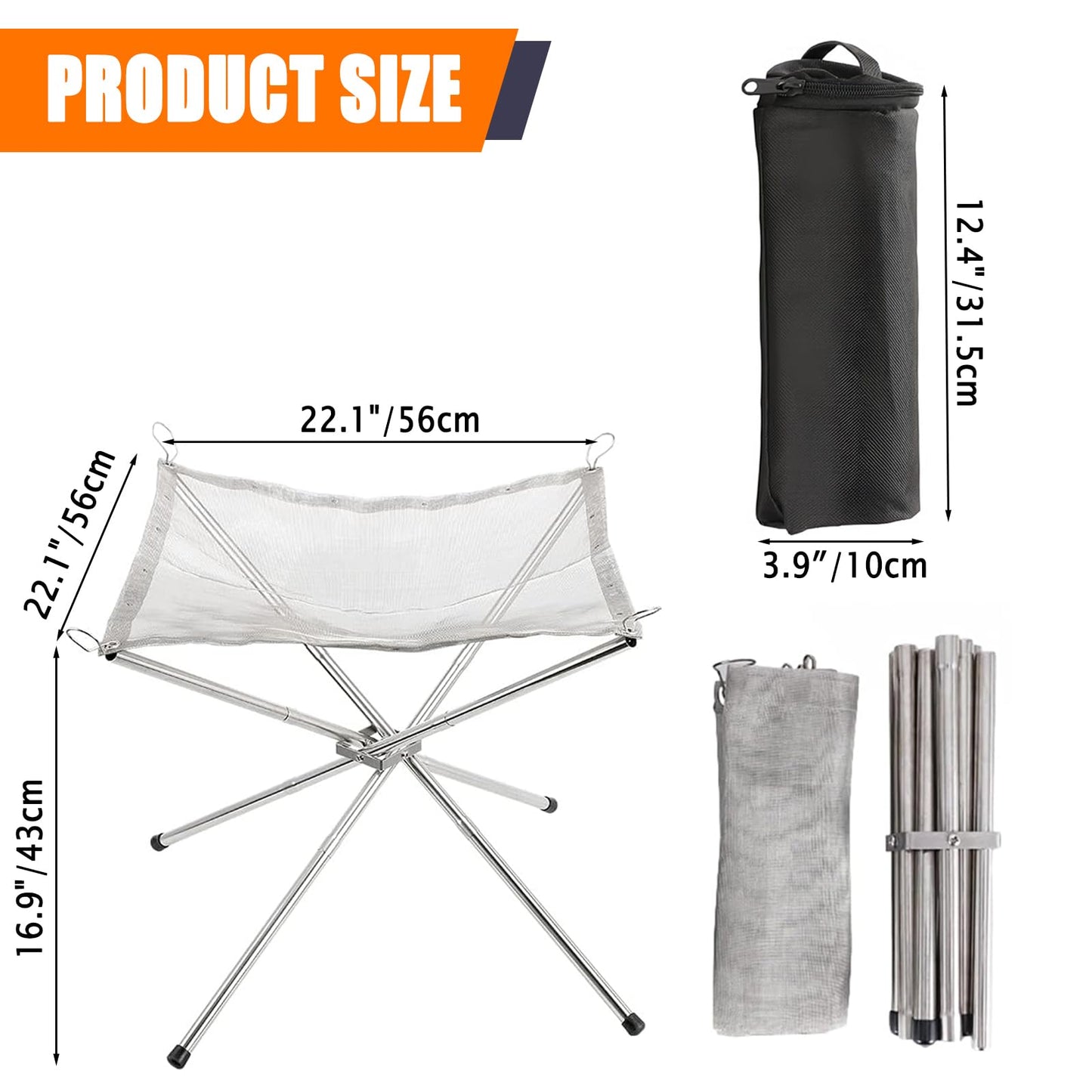 22 inch Portable Outdoor Fire Pit for Camping Upgrade Foldable Stainless Steel Mesh Fire Pits for Outside Wood Burning Collapsible Fireplace for Patio,Camping,Bonfire,Backyard,Garden,BBQ