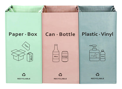 JIALAI HOME Separate Recycling Bin for Kitchen Home - Indoor Recycle Bins (Pink, Green, Gray) Waste Trash Sorting Bins, Reusable Waterproof Affordable Recycle Bags, Pack of 3 Bags