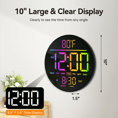 JALL 10" Large Digital Wall Clock with Seconds, Alarm Countdown Timer, Big LED Display, RGB Color, DST, Temperature, Mounted for Bedroom Living Room Office Classroom Gym, Xmas Birthday Gift, Blue