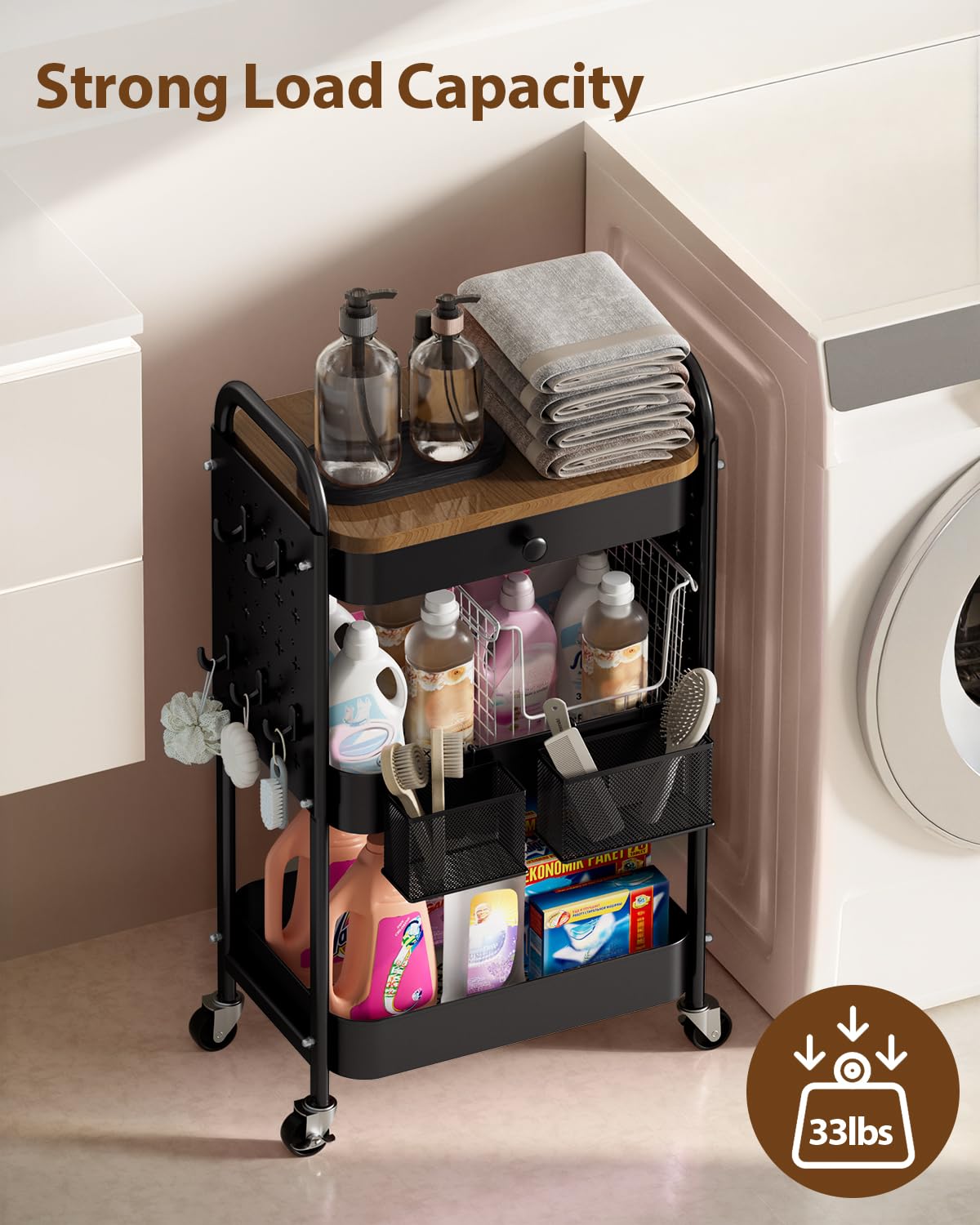 ALVOROG Rolling Cart with Drawer and Wood Table Top, 3 Tier Metal Rolling Utility Cart on Wheels with DIY Pegboards, Hanging Baskets, Hooks for Bedroom,Office,Craft Supplies (Black)