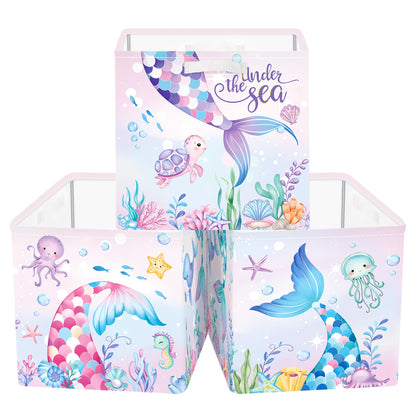 Clastyle Mermaid Tail Kid Storage Cube Organizer Set with Metal Frame Ocean Animal Turtle Closet Clothes Toy Storage Bin Nursery Toddler Girl Book Shelf Basket, Colorful Seaweed, 11.8x11.8x11.8 in
