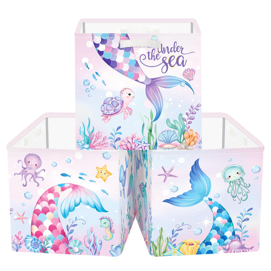 Clastyle Mermaid Tail Kid Storage Cube Organizer Set with Metal Frame Ocean Animal Turtle Closet Clothes Toy Storage Bin Nursery Toddler Girl Book Shelf Basket, Colorful Seaweed, 11.8x11.8x11.8 in