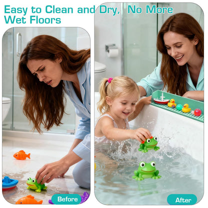 DubiLaka 31.5" Bathtub Splash Guard for Kids & Toddlers - Silicone Play Shelf & Toy Storage Tray with Strong Suction Cups to Prevent Water Spills, No-Leak Fun Bath Time - Tub Toy Holder Ledge,Green