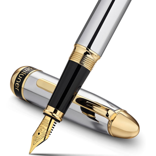 BEILUNER 315 Silver Chrome Fountain Pen,Stunning Luxury Pens with 24K Gold Accents, Gorgeous 24K Gilded Nib(Medium), Ink Converter,Fancy Pen Gift for Men&Women-Elegant, Office, Reliable, Nice Design