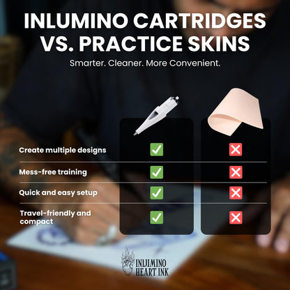 Inlumino Heart Ink Ballpoint Pen Cartridges – Original Black Ink (6-Pack) – Tattoo Practice Cartridges for Rotary Tattoo Machines – Oil-Based Ink for Creating Flash Art – Fake Skin Alternative