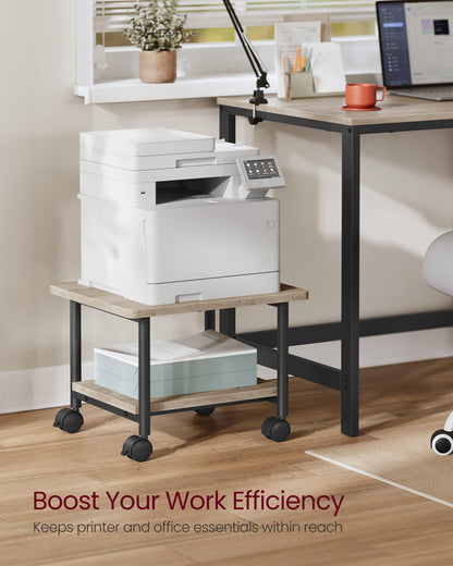 VASAGLE Heavy-Duty Printer Stand with Locking Wheels, 2-Tier Industrial Mobile Cart with Storage Shelf, Under Desk Printer Table for Home, Office, 13.4" Height, Heather Greige and Black UOPS002B02