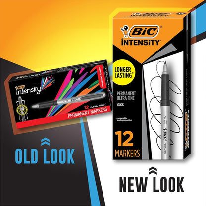 BIC Intensity Black Permanent Markers, Ultra Fine Point, 12-Count Pack of Black Markers With Non-Slip Grip for Comfort and Control