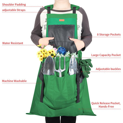 iHansee Green Gardening Apron with Pockets, Garden Apron with Protective Gloves for Women&Men, Harvest & Foraging Aprons w/Quick Release Pocket for Gardeners, One Size Fits Most, Gardening Gifts