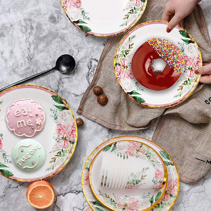 Floral Party Supplies - Bridal Shower Paper Plates & Napkins Set for 24 Guests - Disposable Dinnerware: Plates, Cups, Cutlery for Baby Shower, Tea Party